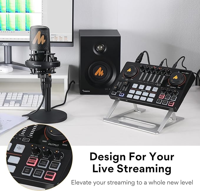 MAONO Audio Interface, MaonoCaster 10-Channel Podcast mixer with Pro-preamp, 48V Phantom Power, Bluetooth, 11 Customize sound pads for Recording, Streaming, Youtube, TikTok, PC, Guitar (AME2)