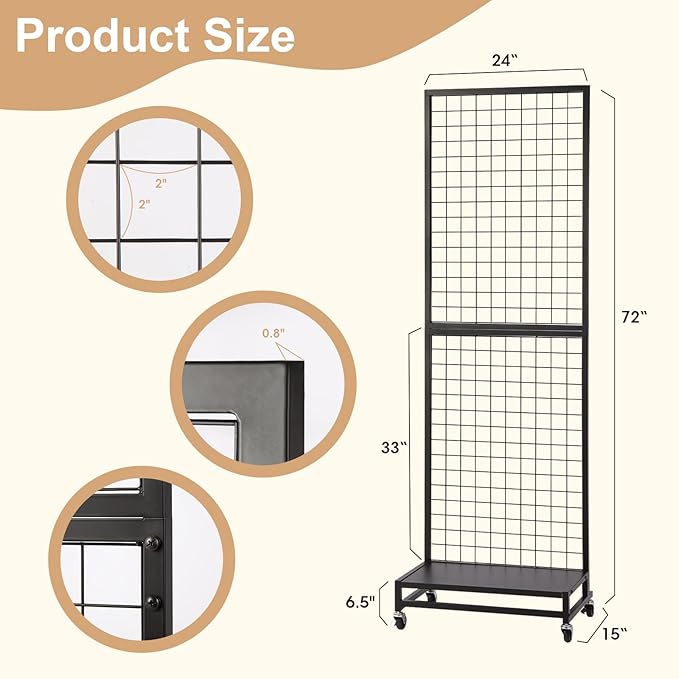 NectaCol Grid Wall Panels, 2'x 6' Gridwall Panel Display Stand with Baseplate, Black Wire Grid Wall Display Rack, Grid Panels for Display, Retail Display Stand - 1 Pack