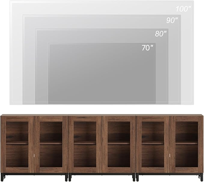 WAMPAT Modern TV Stand with Glass Doors for 110 inch TVs, Farmhouse Entertainment Center TV Console with Adjustable Shelves for Living Room, Bedroom, Brown