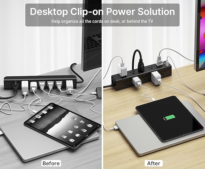 CCCEI Standing Desk Clamp Power Strip with 15 Outlets, Black Desktop Edge Mount Surge Protector Outlet, Fast Charging USB-A and 45W USB-C Ports, 6 FT Flat Plug, Black Fit 1.6 inch Table top.