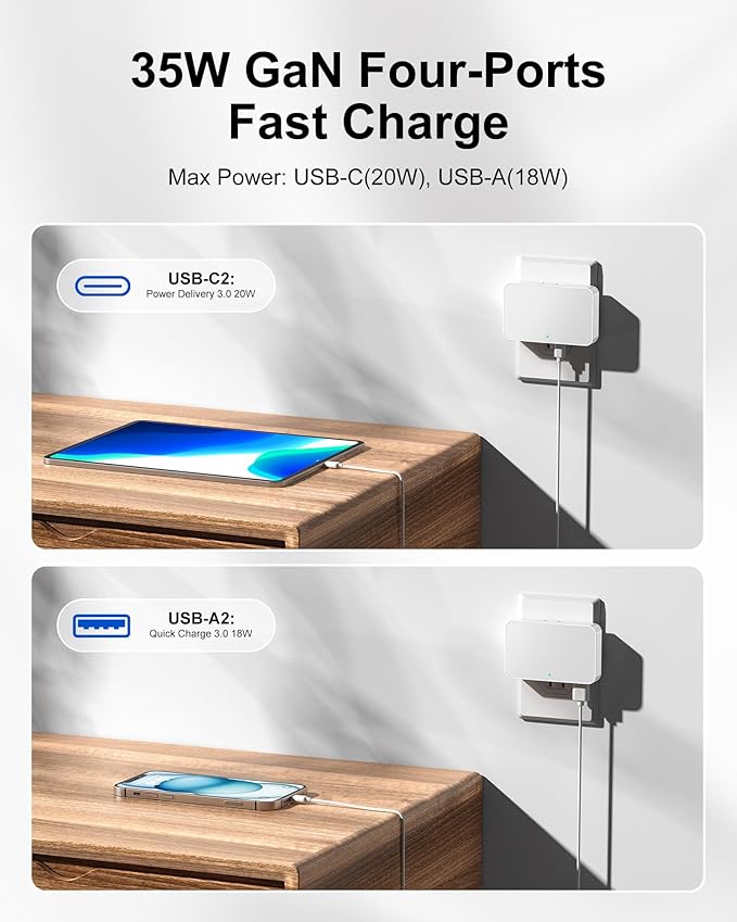 KWRNVO Flat USB Wall Charger 4 Ports Slim 35W USB-C/A Flodable Plug Fast Charging Block for iPhone 8/9/10/11/12/13/14/15 Multiport Power Charging Adapter for ipad and Galaxy Series S8-10 White
