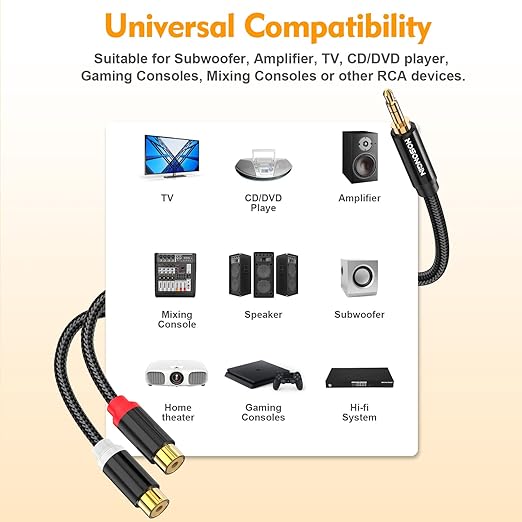 HOSONGIN RCA Female to 3.5mm Male Audio Cable (12 inch) 2 Pack, Gold-Plated Aux to 2RCA Female Adapter – Hi-Fi Stereo Y Splitter for iPhone, TV, Amp, Car, DJ Gear – Nylon Braided, Oxygen-Free Copper