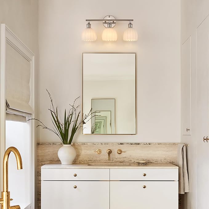 Shenmoyl Bathroom Light Fixtures, 3-Light Vanity Wall Light Over Mirror with White Tulip Glass Shade for Bedroom Living Room (Bulb Not Included), Satin Nickel