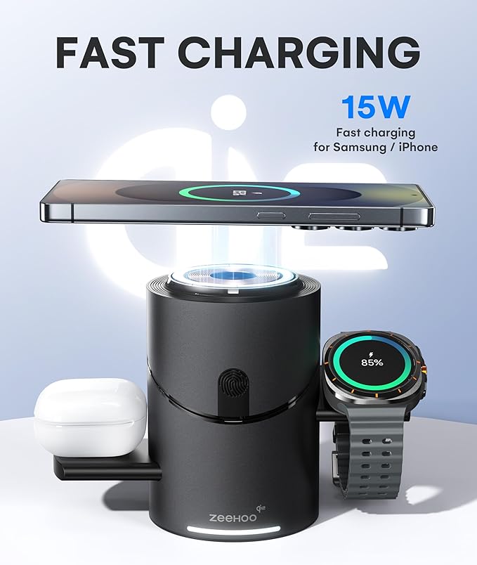 ZEEHOO 3 in 1 Charging Station for Samsung, Wireless Charger Stand, Qi2 15W Fast Charging for Samsung Galaxy S24 Ultra/S23 Ultra/S22/S21, Galaxy Watch Ultra/7/6/5, Galaxy Buds 2/2 Pro (Black)