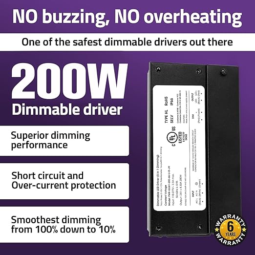 HitLights 200W Dimmable LED Driver, Electronic Transformer, 120V AC to 12V DC Power Supply for LED Strip Light, IP66 Rated, Dimming with TRIAC, 0-10V, 1-10V, Potentiometer, 10V PWM, UL Listed, Class 2