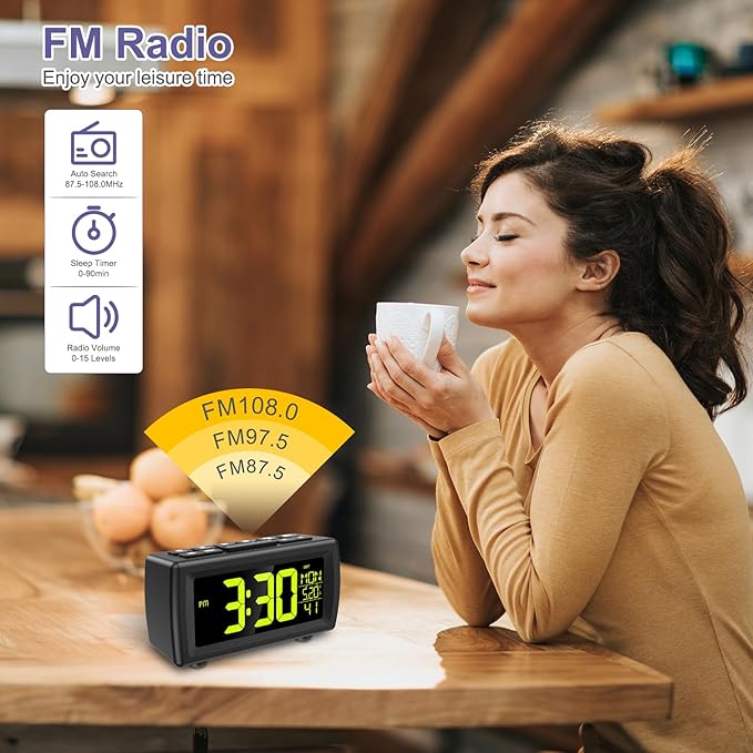 OQIMAX Digital Alarm Clock Radio, 7 Color Fonts, Dual Alarms, FM Radio, USB Charging Port, Snooze, Digital FM Radio Clock with Battery Backup, Adjustable Brightness – Ideal for Bedroom & Office