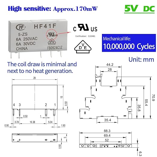 10Pcs 5 Volt Relay Miniature Power Relay 5V DC 6Amp SPDT with LED Indicator Socket Base 41F-1Z-C2 with Jumper Separator Socket Base DIN Rail UL Certification