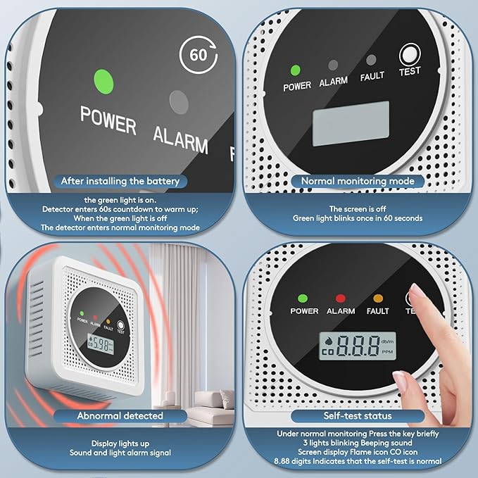 3 Packs, 2-in-1,Smoke Carbon Monoxide Detector,Carbon Monoxide Detector,Smoke Alarm,CO Alarm, 85 db Sound,Battery Powered CO Alarm with LEDs,LCD Digital Screen,Test Button