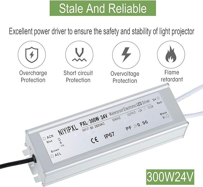 LED Driver 300 Watts(150W X2) 24V DC Transformer， Waterproof IP67 Power Supply, 24V DC Low Voltage Output Adapter with 3-Prong Plug 3.3 Feet Cable for LED Light, Computer Project, Outdoor Light