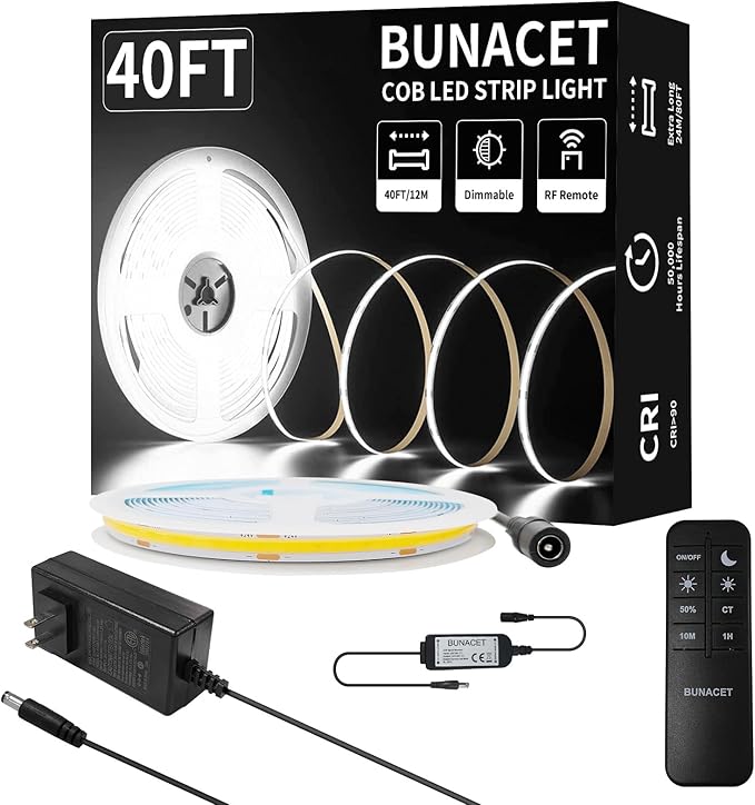 BUNACET COB LED Strip Light 40ft/12m (1 Roll) Cool White 6500K High Lumen CRI 90+ with UL Listed Power Adapter RF Remote for Bedroom Counter Under Cabinet Kitchen Projects