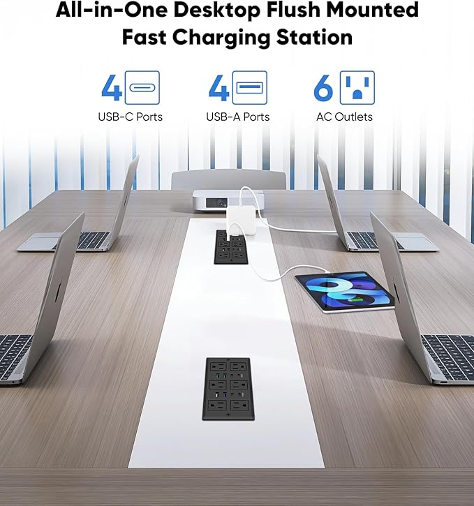 Recessed Power Strip with 45W USB C, Furniture Desk Flush Mount Outlet, Ultra Thin Flat Plug Power Strip, 6 Outlets & 8 USB Ports, 10FT Cord (Black)