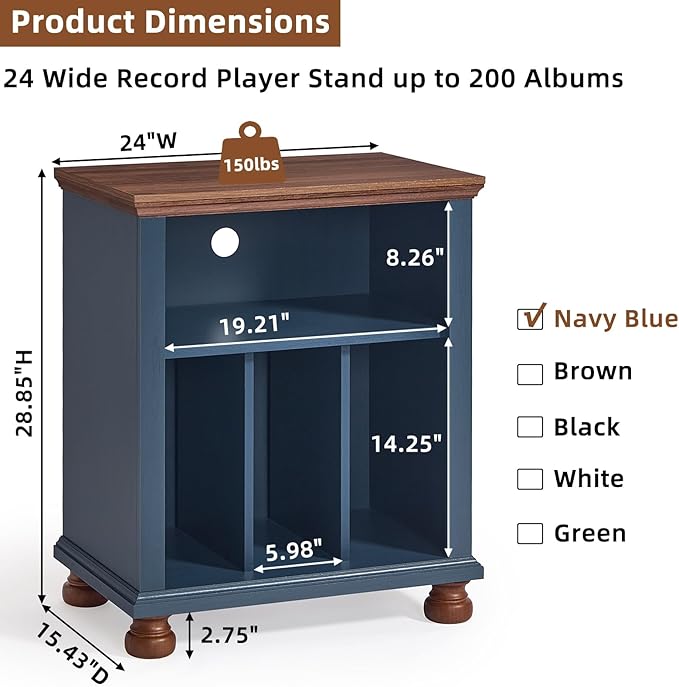 Joaxswe Record Player Stand with Vinyl Record Storage, 24" Wide Mid-Century Record Player Table Up to 200 Albums,Large Wood Turntable Stand Cabinet Dispaly Shelf for Living Room,Bedroom,Blue