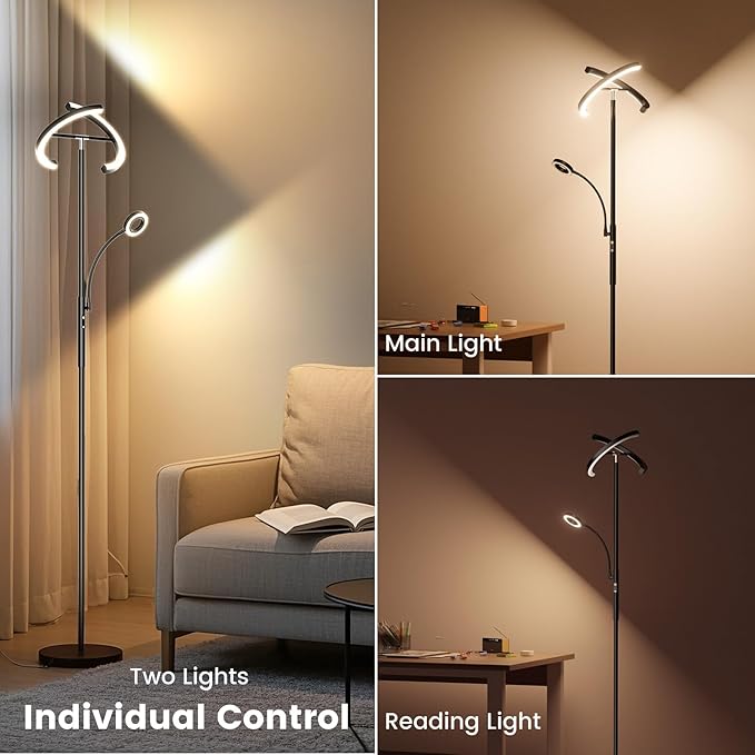 SIBRILLE LED Floor Lamp for Living Room - Modern Standing Lamp with Reading Light, Remote Touch Control Floor Light Dimmable Mother-Daughter Tall Bedroom Lamp for Couch Office, 29W, Black