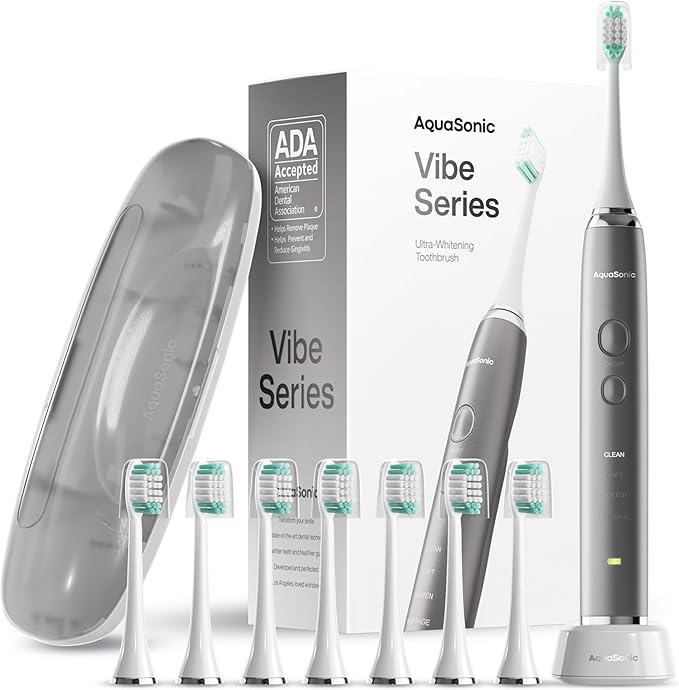 Aquasonic Vibe Series Ultra-Whitening Toothbrush – ADA Accepted Electric Toothbrush - 8 Brush Heads & Travel Case – 40,000 VPM Motor & Wireless Charging - 4 Modes w Smart Timer – Charcoal Metallic