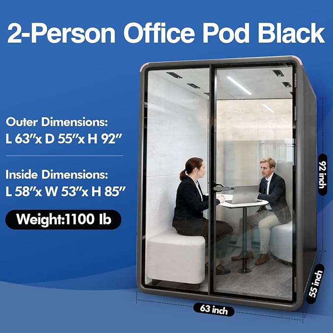 Soundproof Office Pod Booth Black, for 2 Person Meeting Pod, Quiet Meeting Pod with Acoustic Panels, Portable Modular Pod, Privacy Phone Booth for Calling, Personal Workspace H92in W63in D55in
