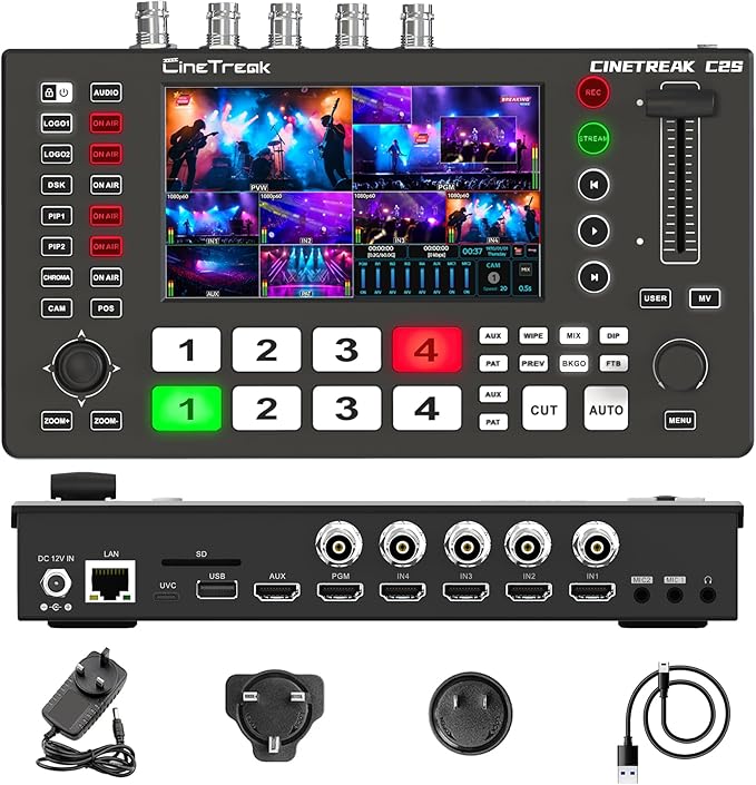 Cinetreak C2S HDMI & SDI 5.5'' Screen Multi-Format PTZ Control Video Switcher Mixer with REC, Playback, Macro Media,Vertical Livestream （NDI updatable）