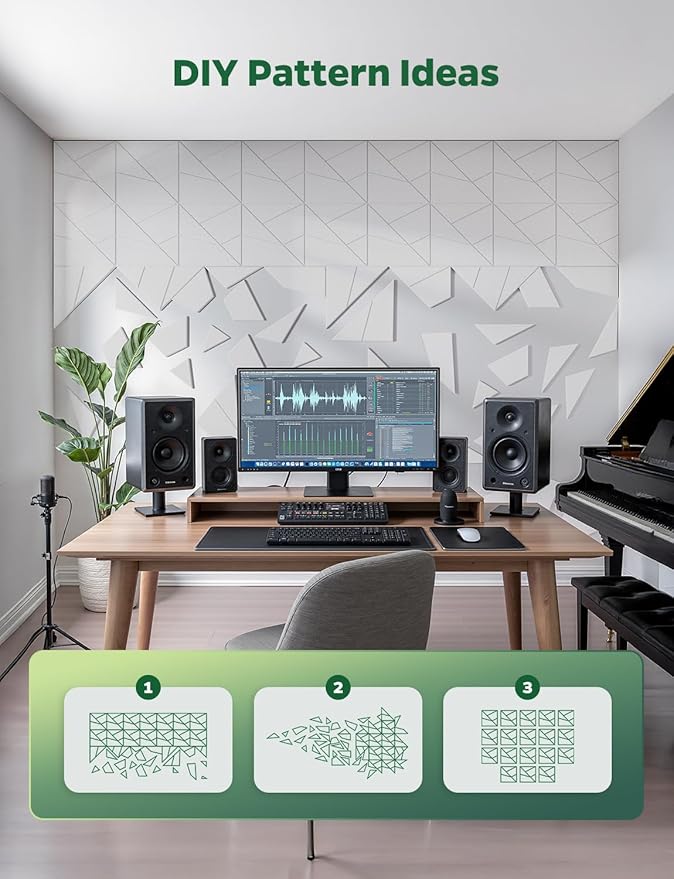 Topnaca 18 Pack Acoustic Wall Panels Sound Absorbing for Recording Studio Acoustical Treatments, White Cut-line Decorative Peel and Stick Sound Reducing Art Ceiling Tiles for Home Office Podcast Room
