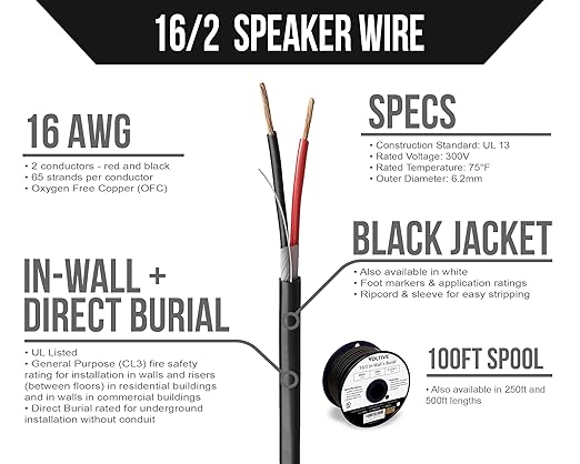 Voltive 16/2 Speaker Wire, in-Wall CL3 & Direct Burial, Black, 100ft - 16AWG, 2 Conductors, Stranded Oxygen-Free Copper, UL Listed - V-1210-1