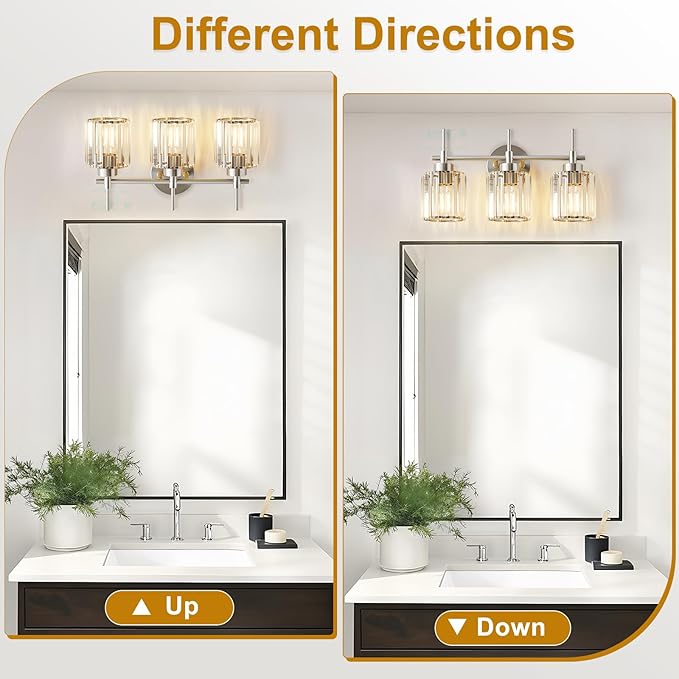 EJIAXIN 3 Light Crystal Bathroom Light Fixtures, Brushed Nickel Vanity Mirror Lights, Crystal Bath Vintage Wall Mounted Lamps Wall Light Fixtures for Bathroom, Living Room