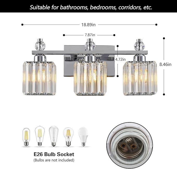 FDPBY Bathroom Vanity Lights 3-Light Modern Crystal Vanity Light Chrome Bathroom Light Fixtures Over Mirror Crystal Bathroom Vanity Lighting Fixtures