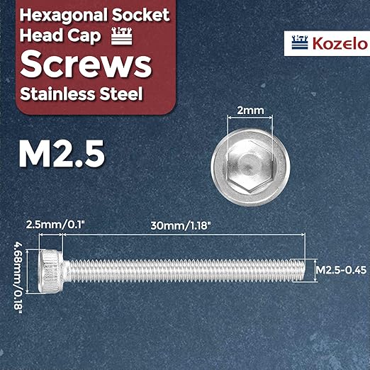 Kozelo 20pcs Socket Head Cap Screws - [M2.5-0.45 x 30mm] 304 Stainless Steel Allen Socket Drive for Electrical Motor 3D Printing Fan Engine Replacement Use, Silver