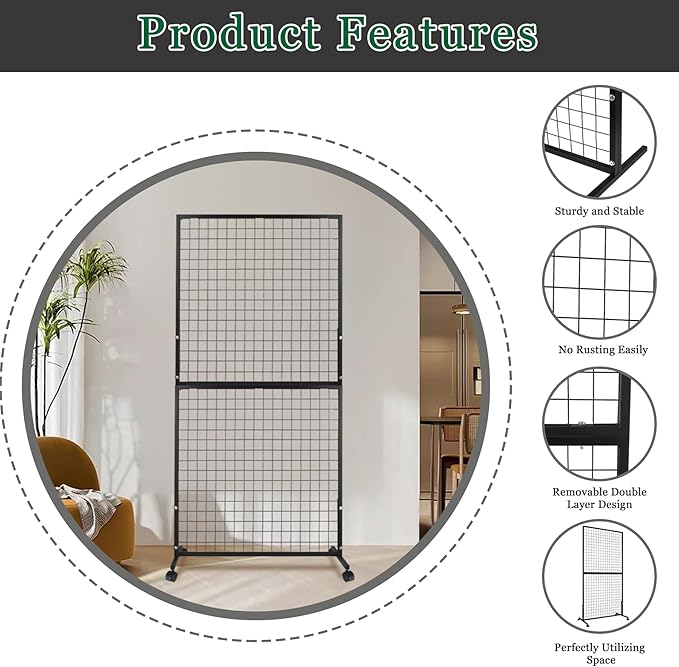 ktondic 3'×6' Double-Layer Grid Panels for Display, Movable Gridwall Panels Tower with T-Base Stand, Sturdy Wire Grid Wall Panels Metal Art Display Racks for Retail Displays Craft Shows