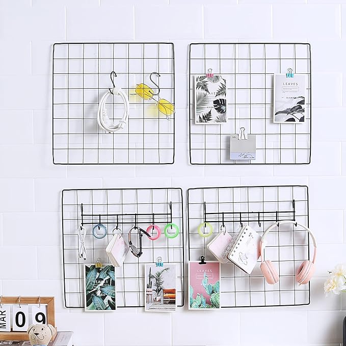 Feadily 5 Pack Metal Grid Wall Board Including 2 Hook Rack, Photo Wall, Picture Board, DIY Home & Office Wall Decor, Photos & Pictures Display Board 13.8 Inch × 13.8 Inch (Black)