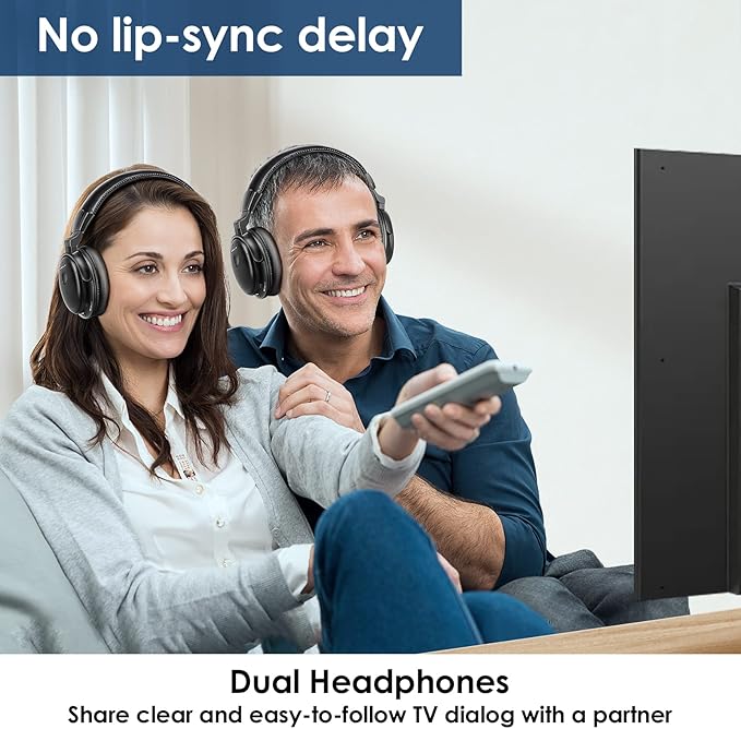 SIMOLIO Dual Wireless Headphones for TV Watching w/ 2.4G Transmitter & Charging Stand & Spare Battery, Dialog Clarifying, by-Pass, Tone & Balance Control, Clear Voice for Seniors, Long Range, SM829D2