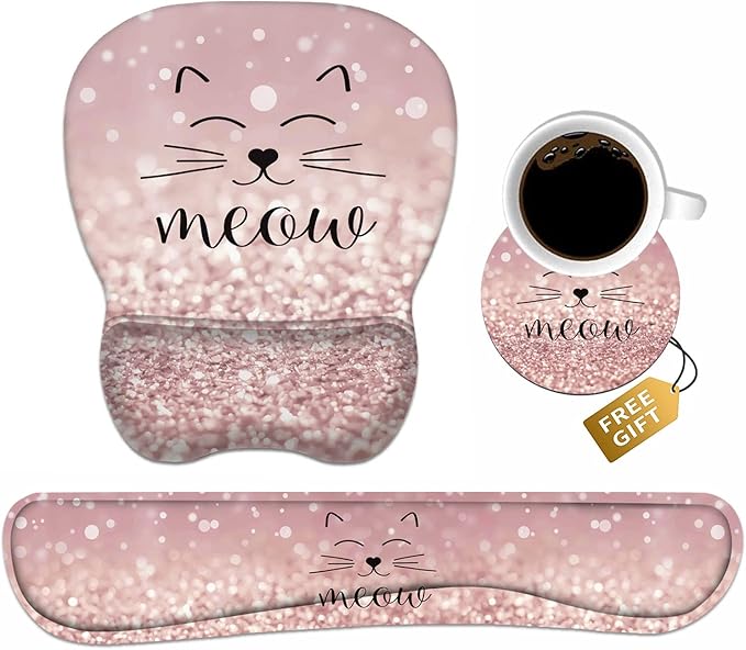 Ergonomic Mouse Pad Wrist Support and Keyboard Wrist Rest Set with Coasters, Non-Slip PU Base, Easy Typing & Pain Relief for Computer Laptop Home Office, Cute Cat Face Smile Meow