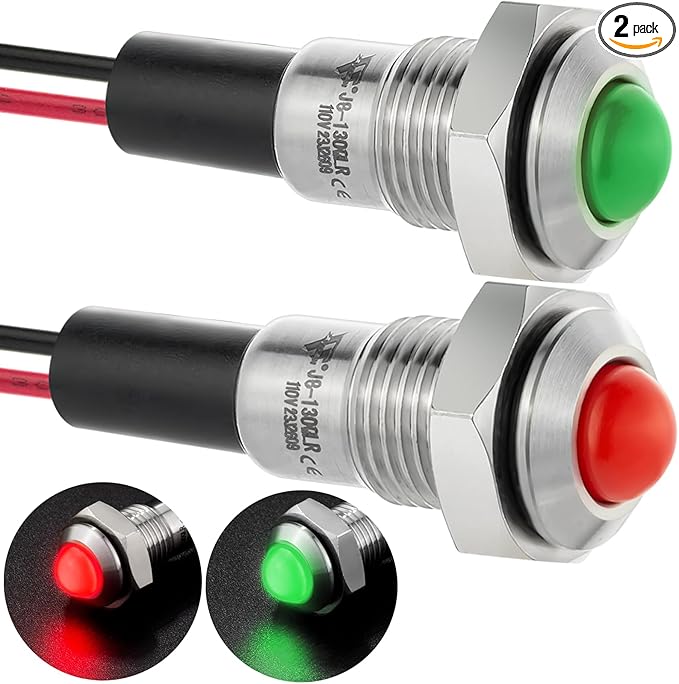 ZGSZJHF 8mm Indicator Light 0.31" Waterproof IP67 Metal Stainless Steel Signal Lamp 110V-120V AC/DC LED Pilot Dash Lamp Light Ring Large Red and Green 2Pcs