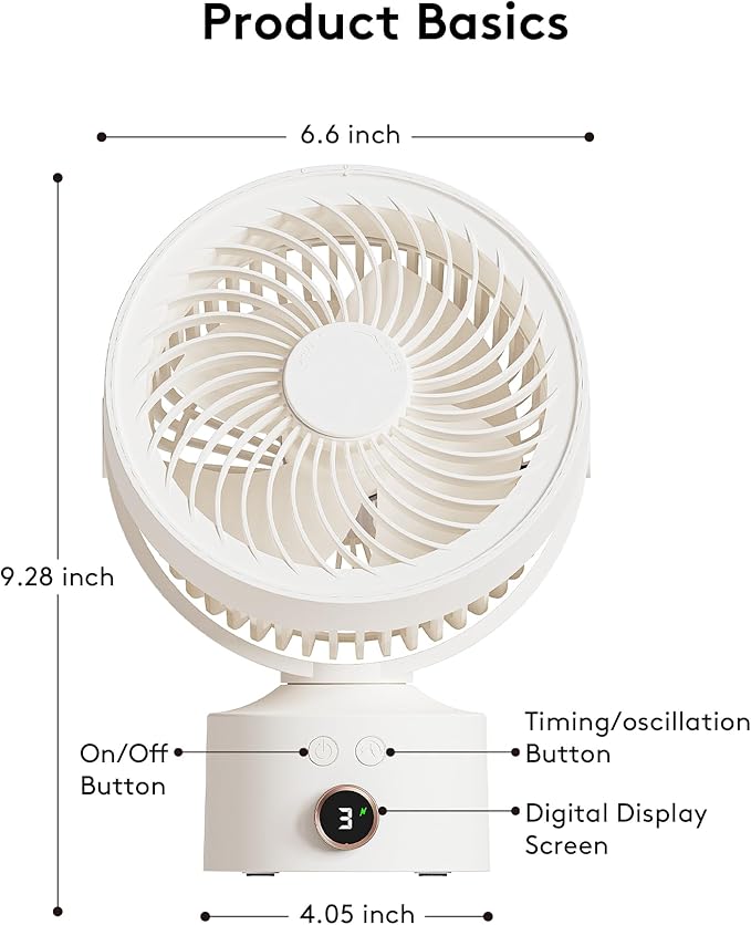 CARONSORT Small Desk Oscillating Fan, Table Air Circulator Fans for Bedroom, Rechargeable Battery Operated with 3 Speeds, Mini Fan 9 Inches, 90° Adjustable Tilt, 30 db Low Noise, White