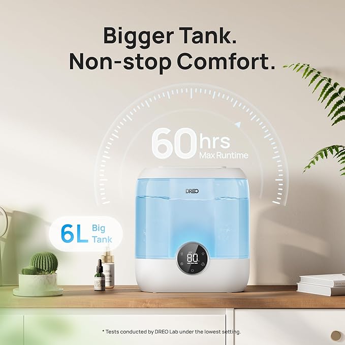 DREO 6L Top Fill Humidifiers for Bedroom, 60H Runtime 28 dB Quiet Supersized Cool Mist Air Humidifiers for Large Room, Baby Nursery, Plant, Indoor, Night Light, Easy to Clean, Precise Humidity Control