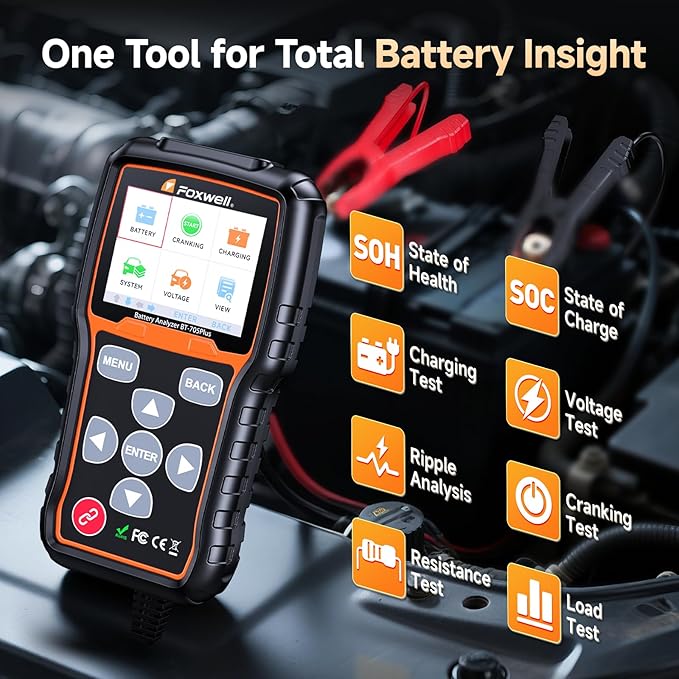 Car Battery Tester 24V 12V Load Tester, FOXWELL BT705 Plus 100-2000CCA Automotive Alternator Tester Digital Cranking Charging System Tester for Car Truck Marine ATV, Upgraded of BT705