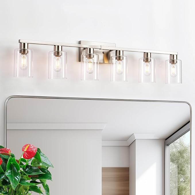 SOPEAS 6-Light Bathroom Light Fixtures, Vanity with Clear Glass, Brushed Nickel Lighting Fixtures Over Mirror, 42inch Large Lights for Bathroom