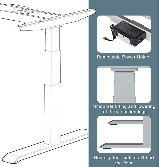 Fromann Electric Standing Desk Frame Dual Motor 3 Stages Height Adjustable Desk Legs with USB A+ C Ports Sit Stand up Desk Base for Home and Office (Grey)
