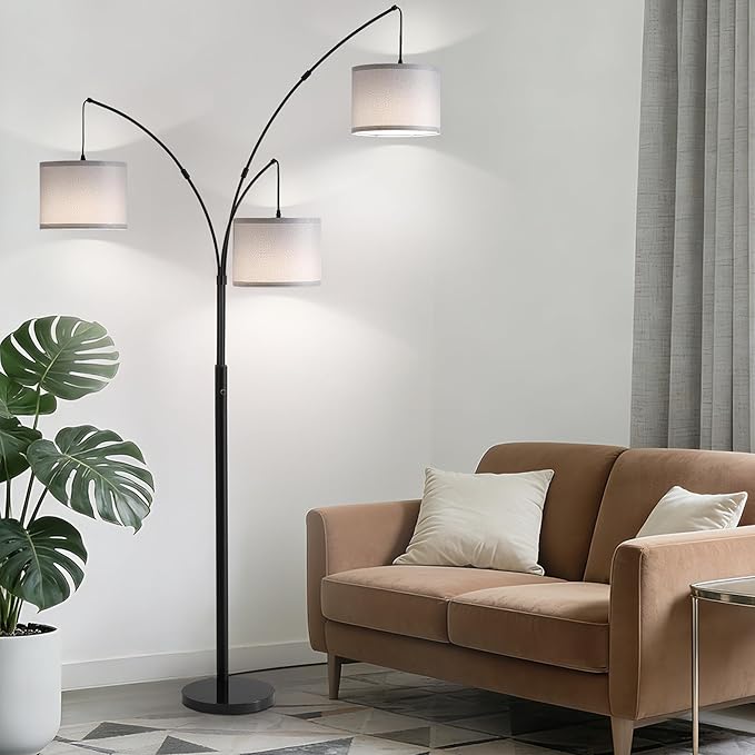 Fansdrick Floor lamp with Remote, 3 Light Arc Floor Lamps for Living Room, 2400LM Tall Standing Floor Lamps with Gray Shades, 80" Large Floor Lamp for Bedroom, Office