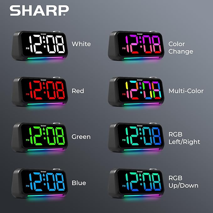 Sharp LED Digital Clock for Bedroom, Super Loud Alarm Clock for Heavy Sleepers for Bedside, Nightstand, Desk Clock with RGB Night Light/Display with Adjustable Color/Volume/Brightness/Snooze