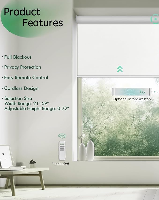 Yoolax Motorized Blinds App Control, Blackout Roller Shades for Windows, Cordless Automatic Shades Roller Window Blinds for Bedroom Living Room Office (Blackout Alpine White, 27" W x 72" H)