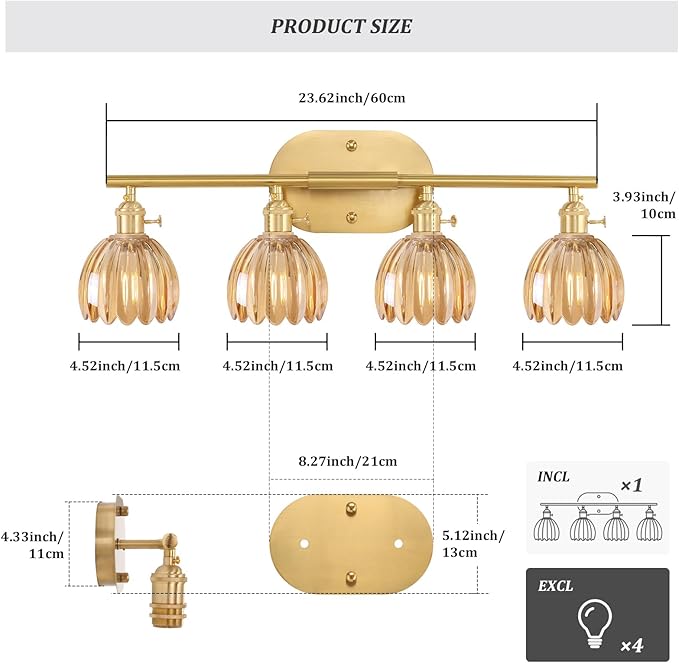 Shenmoyl Bathroom Light Fixtures, 4-Light Brass Vanity Wall Light Over Mirror with Amber Tulip Glass Shade for Bedroom Living Room (Bulb Not Included)