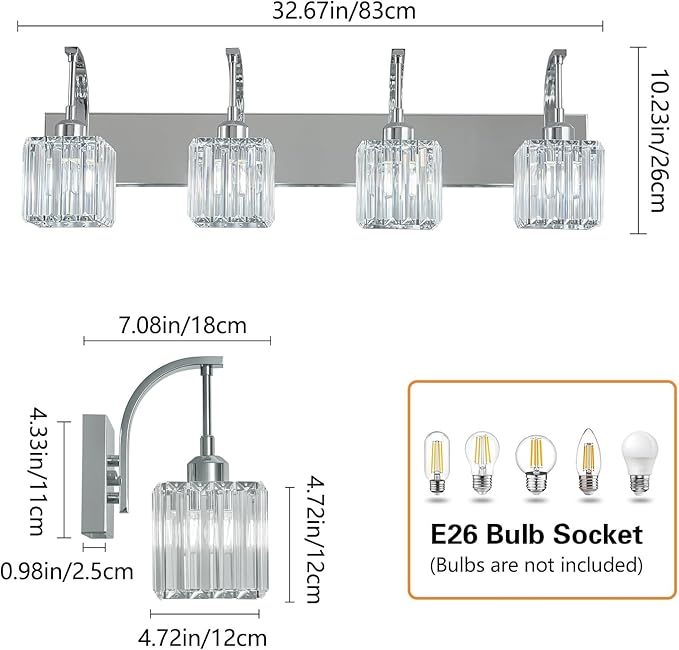 FDPBY Crystal Vanity Lights 4-Light Chrome Bathroom Vanity Lights Modern Crystal Bathroom Light Fixtures Over Mirror 32.67" Long Vanity Light for Bathroom