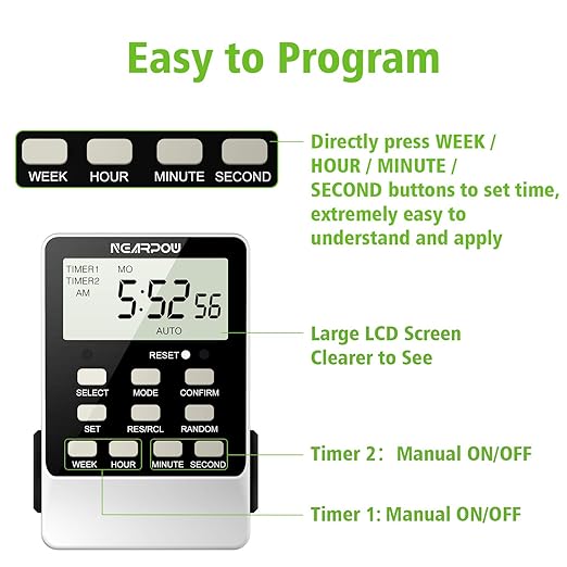 [2 Pack] Outlet Timer, NEARPOW Dual Digital Light Timer with 2 Independently-Controlled Outlets, 18 ON/Off Programs, 24-Hour and 7-Day Programmable,Indoor Electrical Timer Switch, 3 Prong, 15A/1800W