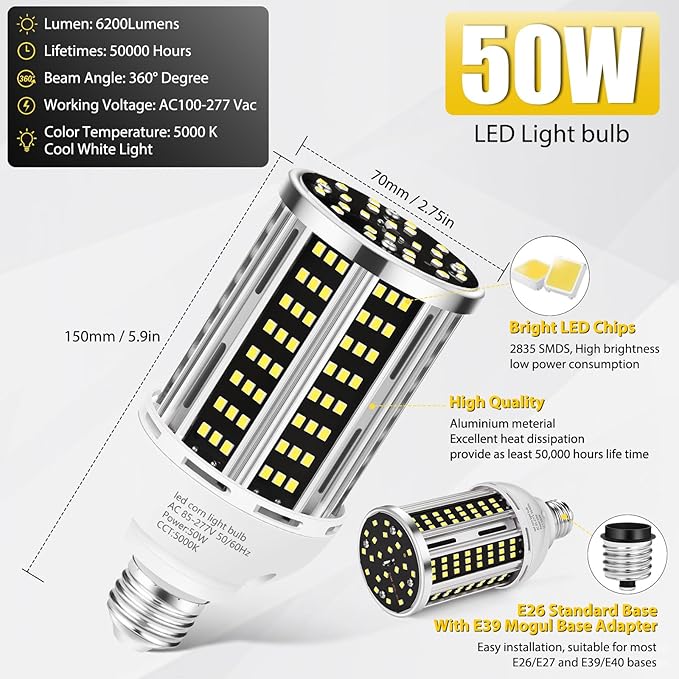 YANYCN 50W 2 Pack LED Corn Light Bulb,5000K Daylight 6500LM(500W Equivalent) Commercial GradeE26/E39 Medium Mogul Base LED Lamp,Large Area Lights for Outdoor Indoor Garage Warehouse Factory Bay Light