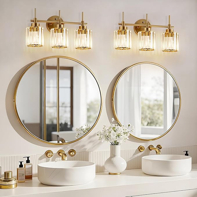 EJIAXIN Bathroom Lighting Fixtures, 3 Light Gold Bathroom Light Fixtures with Clear Shades Modern Crystal Vanity Light Bath Room Vanity Lighting Over Mirror Wall Light