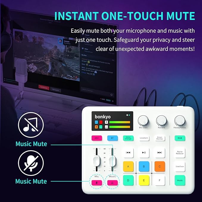 Bonkyo Gaming Audio Mixer & USB Interface with XLR Microphone, Bluetooth 5.0, RGB Effects, 48V Phantom Power, Voice Changer, G1 Sound Card for PS5, TikTok Live Streaming, Podcasting（White）