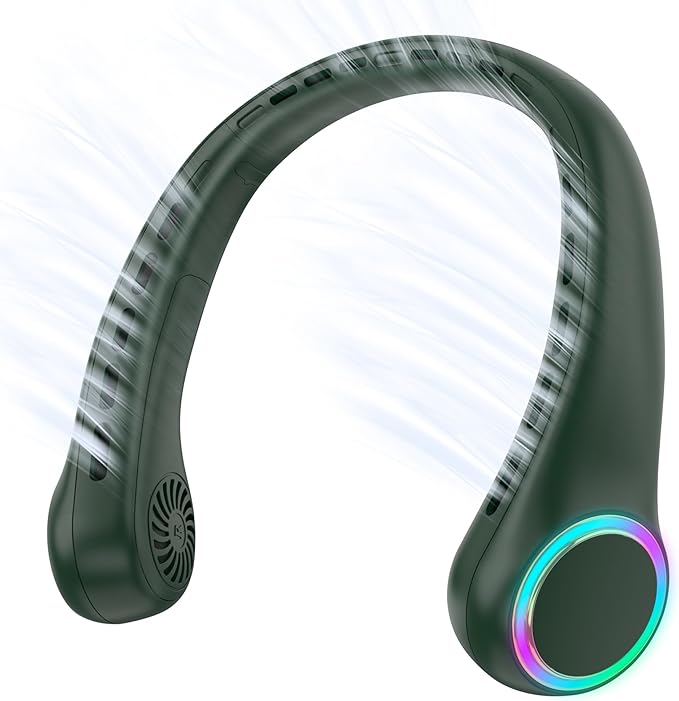 Neck fan, Portable Fan with 5-17H Lifespan, 4000mAh Neck fan air conditioner with 3 Adjustable Speeds and 64 Cool Lights, Rechargeable Neck Fan, Hands-Free Cooling fan for Summer (Dark Green)