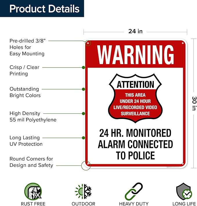 Warning 24 HR. Monitored Alarm Connected To Police Sign, 24x30 Inches, 55 mil thick HDPE (high density polyethylene), Made in USA by My Sign Center
