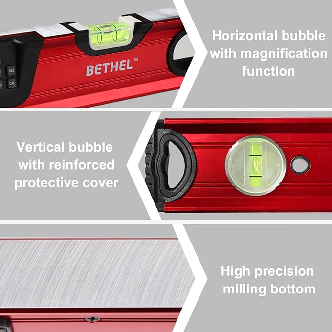 BETHEL 24 inch Digital Magnetic Level, LCD Smart Display Torpedo Level Tool Electronic Level Tool and Protractor - Master Precision - IP54 Dustproof and Waterproof with Carrying Bag