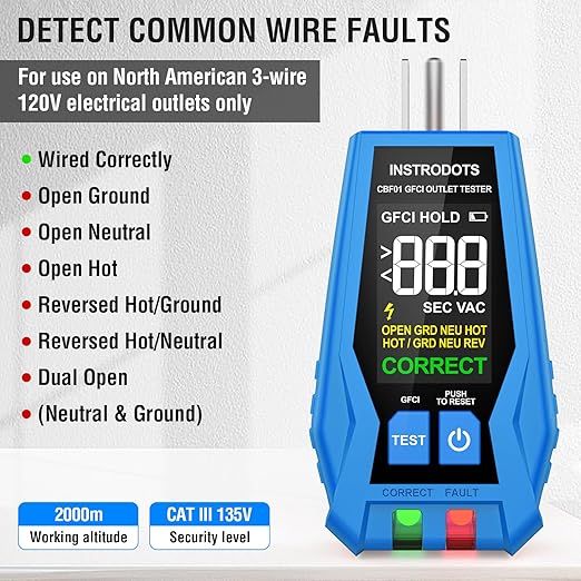 INSTRODOTS Circuit Breaker Finder, Digital Breaker Finder with GFCI Outlet Tester, AC 90-135V Electrical Circuit Tracer with Buzzer Alarm & Color LCD Display, Includes Batteries & Carrying Case
