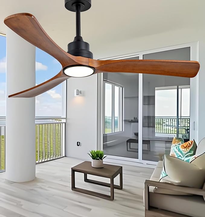 Gaizw 52 Inch Ceiling Fans with Lights and Remote Control,Quiet DC Motor 3 Blade Ceiling Fan with Light for Bedroom,Patio Living Room,Office,Indoor and Outdoor Fan, Walnut Wooden Fans of Ventilation