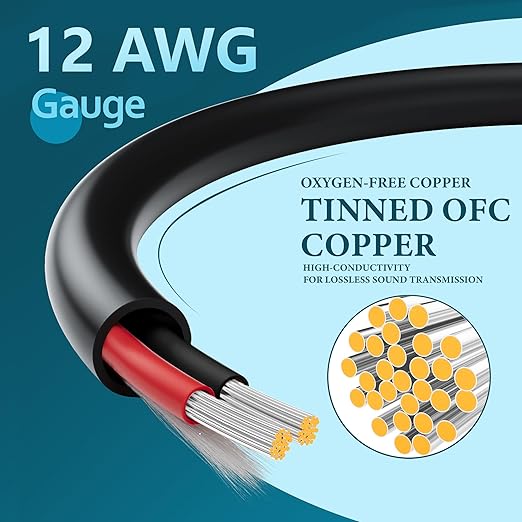 HiFind 12/2 Gauge Speaker Wire Cable 200 Ft-Tinned OFC Copper-UL CL3 Rated- Indoor/Outdoor-Pro Series 12 AWG-UV PVC Jacket&Cotton, Hi-Fi Sound for Car Audio,Home Theater Speakers,Stereos-Black